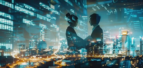 Wall Mural - Business people standing in an office and holding documents with a cityscape at night background