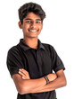 © Pajaros Volando - Indian teenage male employee wearing black polo t-shirt as uniform. Posing with arms crossed over isolated transparent background
