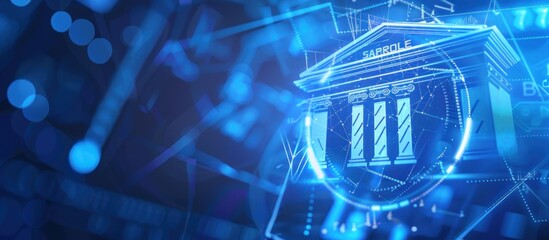Fototapete - A bank icon on a blue background with white lines and circles in the futuristic style of digital graphics