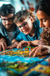 © Stone Story - Family enjoying quality time playing a fun and engaging board game together, fostering connection and laughter.