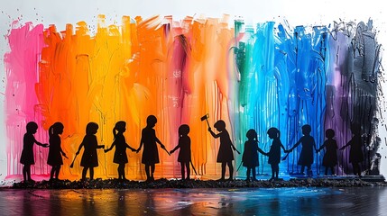 Silhouettes of children holding hands in front of a colorful rainbow background.