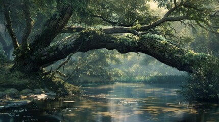 Wall Mural - Enchanted forest river with a wooden bridge for nature and fantasy themed designs