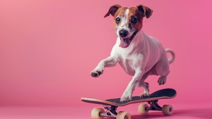 Wall Mural - Happy Dog Riding Skateboard on Pink Background