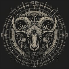 Wall Mural - A goat with horns on its head wears a mystical pentagramil symbol