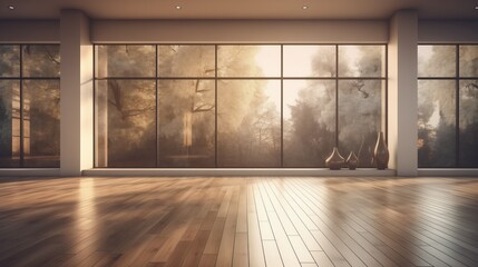 Wall Mural - large luxury modern interiors room with wooden floor and big glasses window