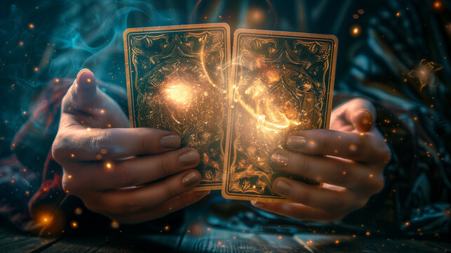 Tarot cards in magical women 's female hands card reading fortune predicting telling