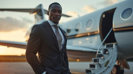 Black man in stylish suit standing near business jet.