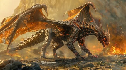 Fiery dragon in a fantasy setting for fantasy or mythology themed designs