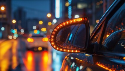 Poster - Close up of the side mirror on an electric car with orange LED lights