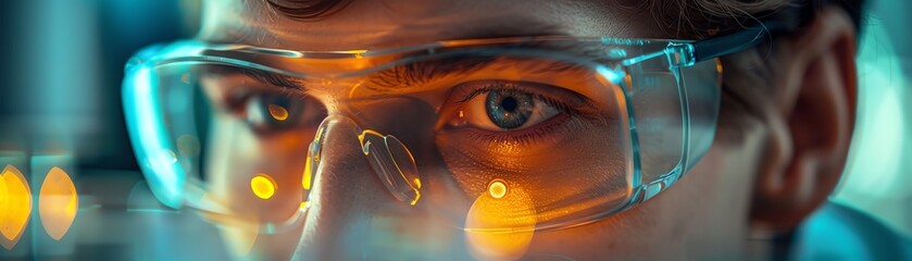 A close-up view of a person's eyes behind safety goggles, highlighting the importance of safety and protection in various environments, ideal for themes of safety, protection, and industry.