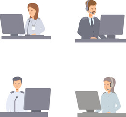 Poster - Four illustrations of call center agents, both male and female, with headsets working on computers