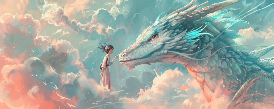 a white and blue dragon with turquoise hair flying in the sky above a small girl looking each other with pink clouds in the backgroun