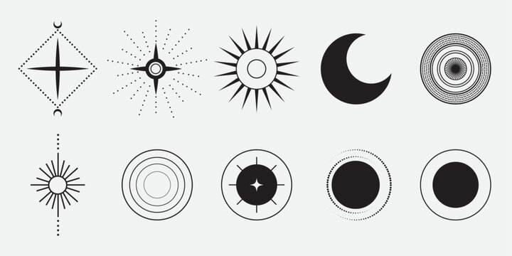 Mystical Sun and Star Icons: A versatile collection of circular sun and star icons in black on a white isolated background, ideal for use in branding, logos,  decorative elements with mysterious theme
