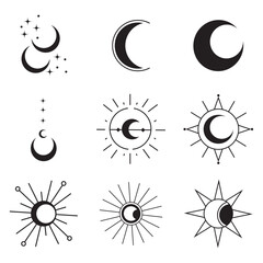 Wall Mural - Celestial geometric designs: a set of intricate black geometric icons of sun and moon motifs, ideal for cosmic and mystical branding or decorative purposes.