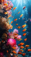 Vibrant underwater scene featuring colorful tropical fish and coral reef illuminated by sunlight. Perfect for marine life or nature themes.