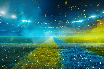 Evening stadium arena soccer field championship win. Confetti and tinsel . Yellow toning. Wide angle smoke in blue and yellow background