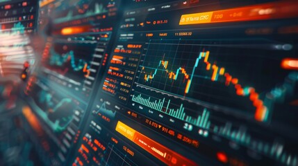 Poster - A man is standing in front of a variety of graphs displayed on a screen, analyzing data and information.