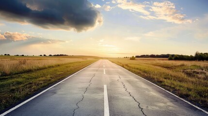 Wall Mural - Open road stretching into the horizon at sunset, representing the freedom of the journey and endless opportunities