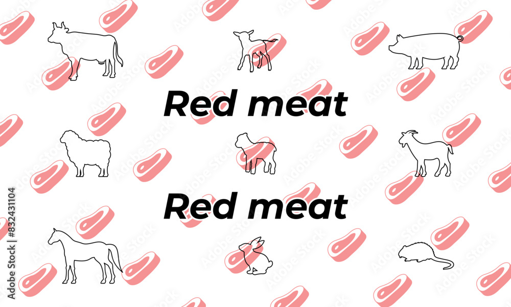 Vector animals. Red meat, outline icons. Cow, calf, pig, sheep, lamb