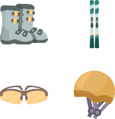 Poster - Collection of colorful winter sports icons featuring boots, skis, goggles, and helmet