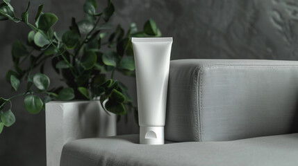 Wall Mural - Mock up of an empty white beauty tube bottle lying on a minimalist sofa with neutral colors, Ai generated Images