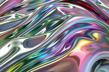Poster - Abstract silver iridescent background with liquid waves. Futuristic three dimensional holographic backdrop.
