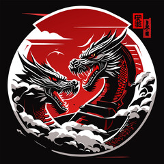 asian war dragon in the war with him samurai, vector illustration