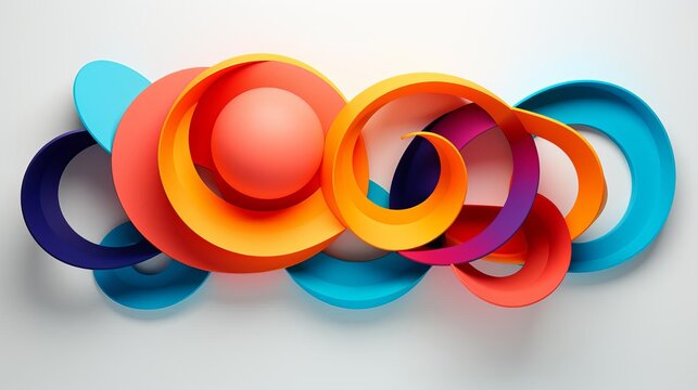 Abstract circular geometric composition with interconnected shapes in bright colors placed on a white background.
