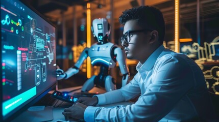 Poster - A man is sitting in front of a computer screen, focused on his work.