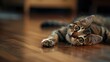 © MSTSANTA - A beautiful cute tabby cat is lying on the wooden floor and looking with big eye