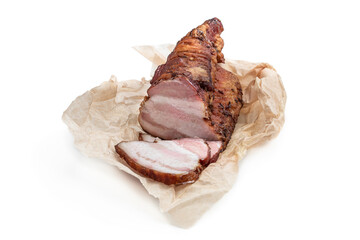 Poster - Piece of smoked pork bacon in baking paper isolated on white