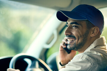 Poster - Phone, call, delivery man or driver talking in car for cargo, stock or package address in shipping business. Parcel order, speaking or courier driving for van transportation, supply chain or freight