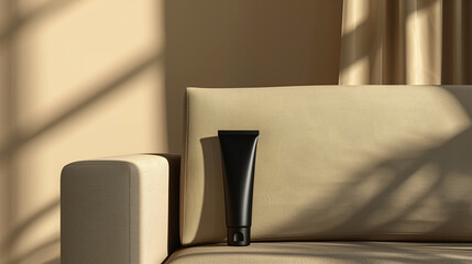 Canvas Print - Mock up of an empty black beauty tube bottle lying on a minimalist sofa with neutral colors, Ai generated Images