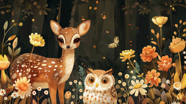Boho-style illustration of woodland creatures such as a raccoon and deer, perfect for summer nursery art