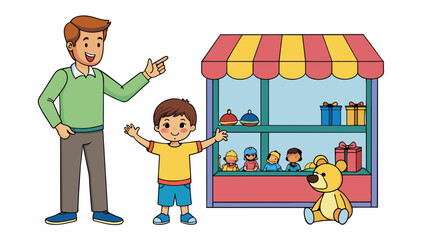 Fototapete - A parent and child standing in front of a toy store display surrounded by various toys. The child is pointing to a specific toy while the parent is. Cartoon Vector.