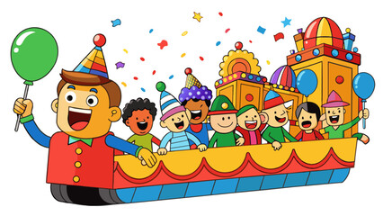 Poster - A parade proceeds through the streets brightlycolored floats and proud marchers moving past cheering crowds as confetti fills the air.. Cartoon Vector.
