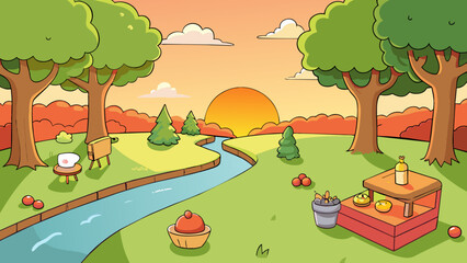 Aufkleber - A peaceful atmosphere with a gentle breeze rustling through the trees. A small stream flows nearby creating a soothing background noise. The setting. Cartoon Vector.