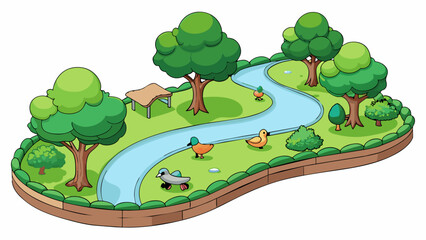 Sticker - A peaceful park with winding paths towering trees and a tranquil pond where ducks swim lazily.. Cartoon Vector.