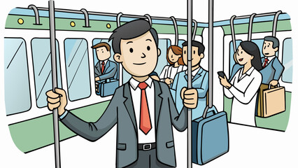 Aufkleber - A passenger on a crowded subway standing in the middle of the crowded car. They are holding onto a pole and their briefcase is pressed against their. Cartoon Vector.
