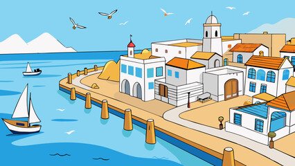 Poster - A peaceful coastal town with whitewashed buildings and bustling piers. The sound of seagulls overhead and the smell of freshly caught fish from the. Cartoon Vector.