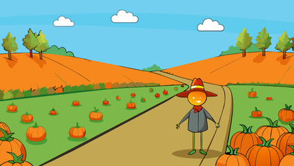 Fototapete - A peaceful meadow stretches out for miles with wild grasses swaying in the gentle breeze. A lone scarecrow stands at the edge of the field guarding. Cartoon Vector.