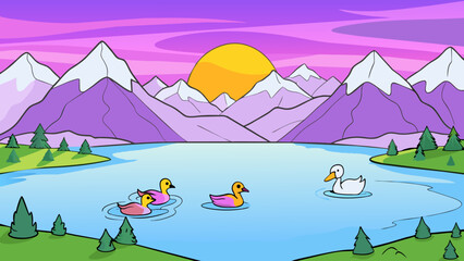 Poster - A peaceful lake surrounded by snowcapped mountains is the scene in the fourth illustration. The water is still and clear reflecting the beauty of its. Cartoon Vector.