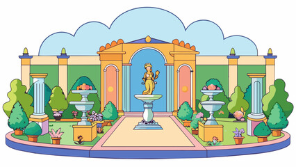 Fototapete - A peaceful garden oasis hidden behind the ornate walls of a wealthy villa. Statues of gods and goddesses line the manicured paths while colorful. Cartoon Vector.