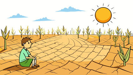 Poster - A person sitting in a barren dry field surrounded by wilted crops. The sun is shining harshly and there is no water in sight depicting a severe. Cartoon Vector.