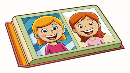 Wall Mural - A photo album filled with pictures of two young girls always smiling and laughing together. The pages are worn from constant flipping reflecting the. Cartoon Vector.