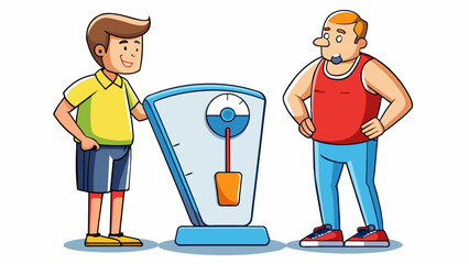 Fototapete - A personal trainer measures a clients body weight and body fat percentage. The measuring tools include a scale and caliper which have numerical. Cartoon Vector.