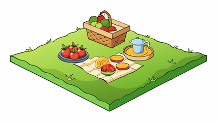 Sticker - A picnic blanket spread out on a patch of green grass with a basket of fruits and sandwiches waiting to be shared with friends.. Cartoon Vector.