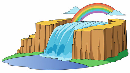 Poster - A photograph of a majestic waterfall its rushing waters cascading down a rocky cliff into a crystal clear pool below. The sunlight reflects off the. Cartoon Vector.