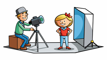Poster - A photographer positions a model in front of a white backdrop ready to capture the perfect shot. The cameras flash shoots out a bright burst of light. Cartoon Vector.