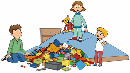 Poster - A pile of discarded broken toys in a childs bedroom as their parents struggle to keep up with their incessant demands for the latest most expensive. Cartoon Vector.